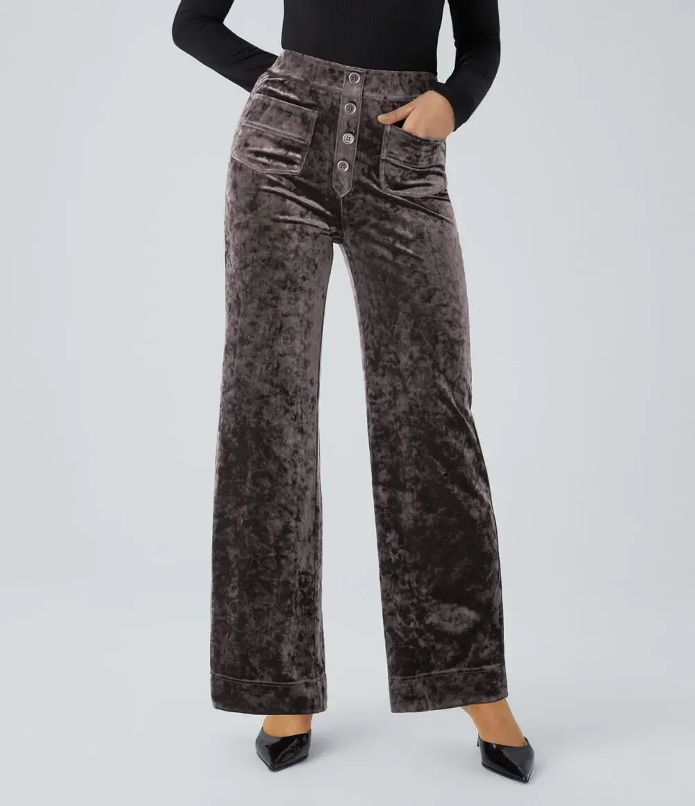 Halara High Waisted Pockets Straight Leg Velvet Casual Pants Plum M